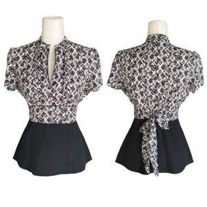 LN Anthropologie Girls From Savoy Black & White Bow Tie Back Peplum Blouse - 4